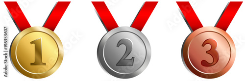 Winning award, medal insignia champion victory, sport ,promote sign symbol 1 st, 2 nd, 3 rd, gold silver and copper with ribbon