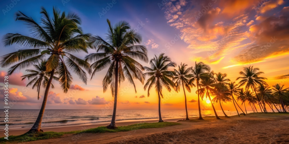Sunset casting a warm glow over coconut trees on a tropical beach , tropical, sunset, coconut trees, palm trees, beach, evening Sunset casting a warm glow over coconut trees on a tropical beach , tropical, sunset, coconut trees, palm trees, beach, evening