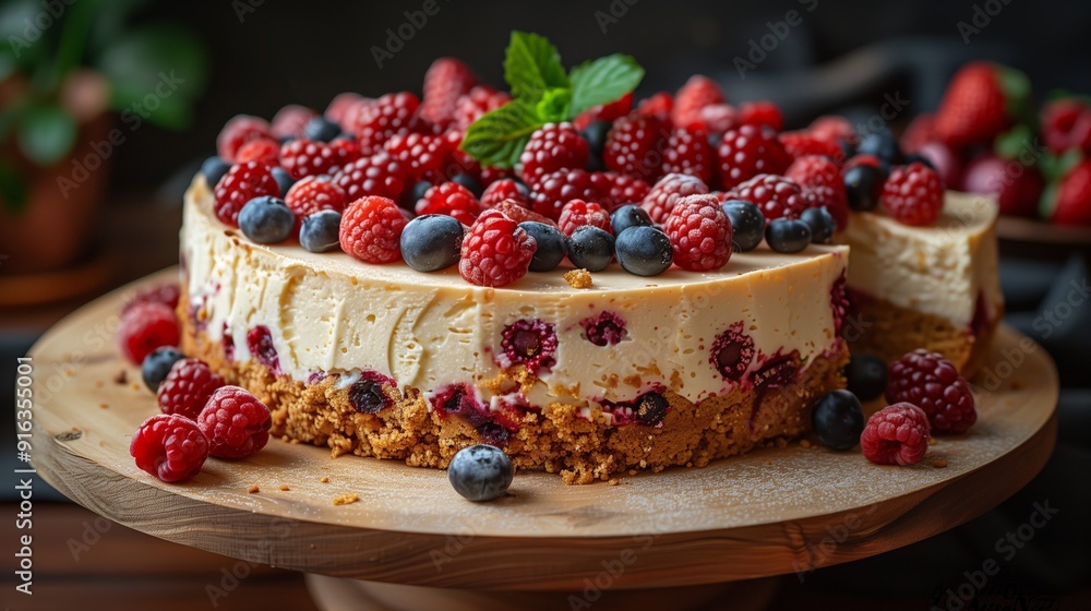 Delicious No-Bake Cheesecake Topped with Fresh Mixed Berries, Perfect for Holiday Desserts, Celebrations, and Food Photography Delicious No-Bake Cheesecake Topped with Fresh Mixed Berries, Perfect for Holiday Desserts, Celebrations, and Food Photography
