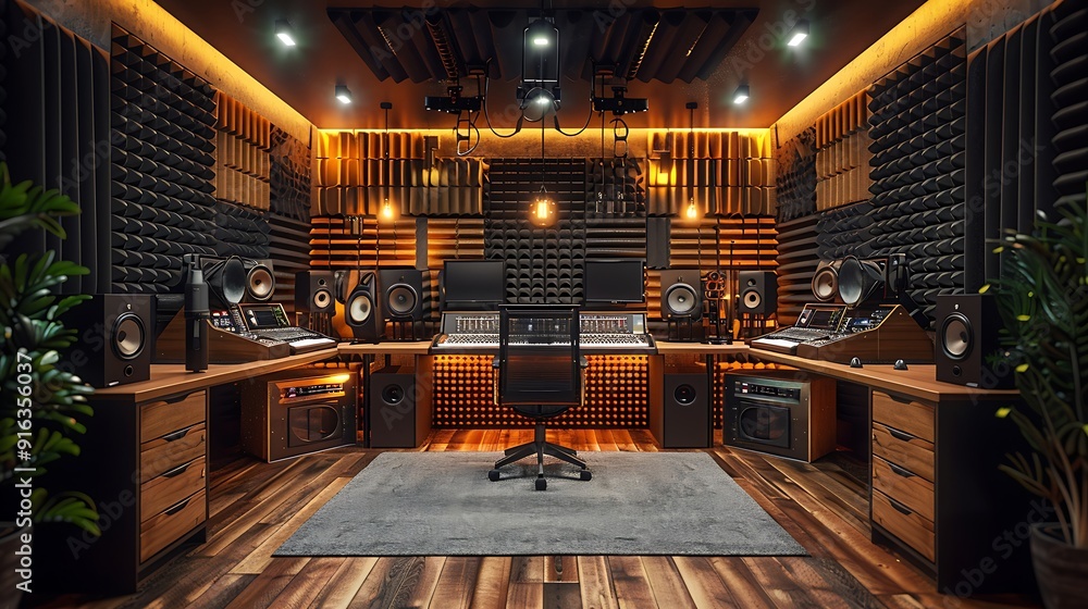 Wide shot of a sleek and modern podcast studio, multiple high-end microphones and mixers, soundproof panels on the walls, warm ambient lighting, capturing the professional and detailed setup, Wide shot of a sleek and modern podcast studio, multiple high-end microphones and mixers, soundproof panels on the walls, warm ambient lighting, capturing the professional and detailed setup,