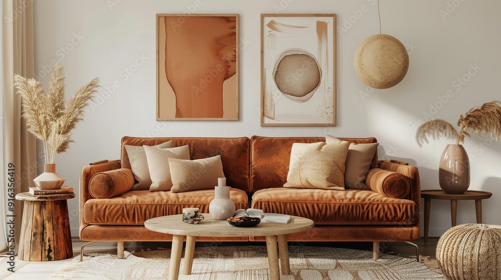 Modern living room with brown velvet sofa and wooden accents Modern living room with brown velvet sofa and wooden accents
