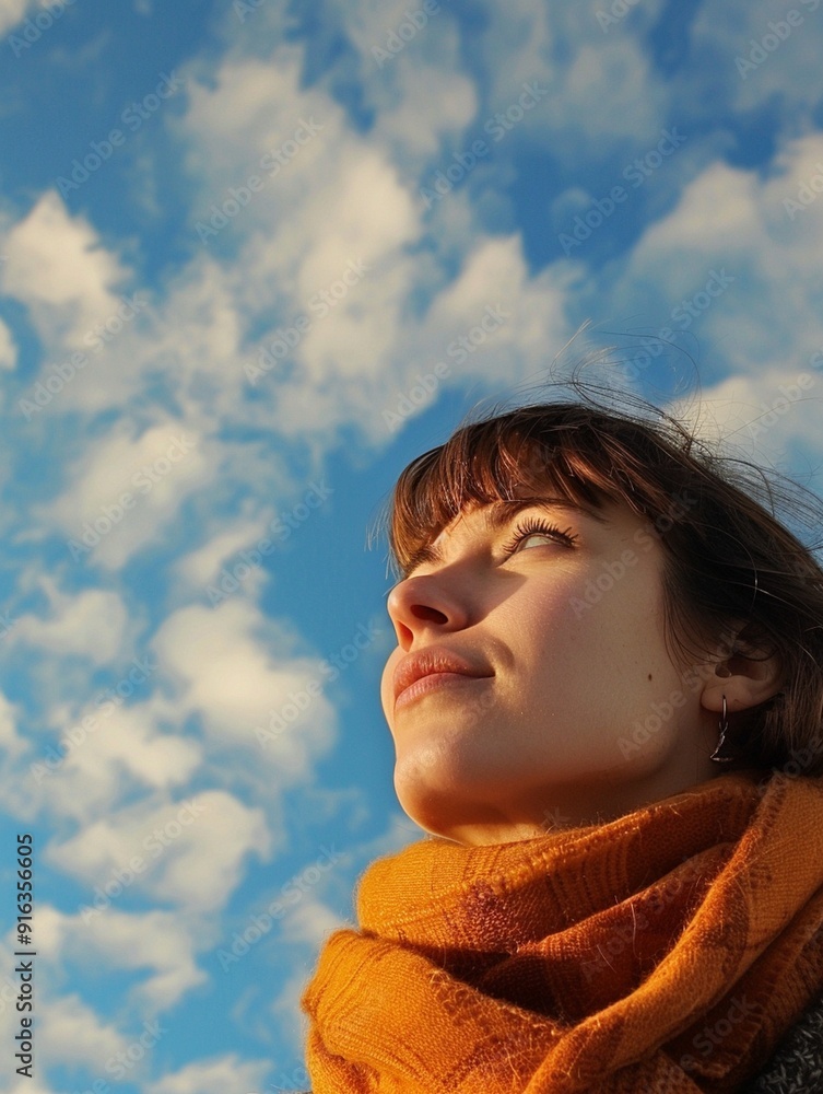 Contemplative Woman Gazing at Blue Sky with Clouds - Inspiration and Serenity Contemplative Woman Gazing at Blue Sky with Clouds - Inspiration and Serenity
