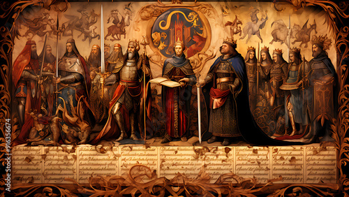 The Knights Oath - medieval, knights, king, queen, royalty, armor, sword, crown, court, monarch, painting, art, history, historic, illustration, fantasy, scene photo