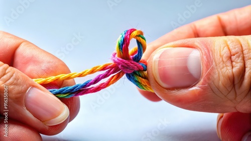 A close-up image of a hand tying a colorful string around a finger to remind someone of an important task, reminder, memory, forget photo