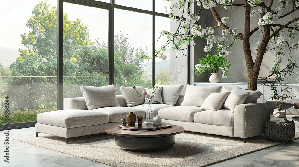 Modern Living Room with Sectional Sofa and Blooming Tree Modern Living Room with Sectional Sofa and Blooming Tree