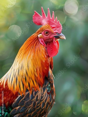 Vibrant Rooster Portrait with Colorful Feathers and Bokeh Background