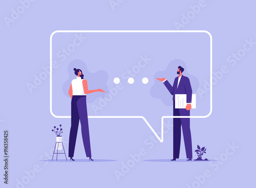 Corporate communication between coworkers concept, businessman and businesswoman having a dialog about work and business, solving some problems in work, brainstorm about new creative ideas