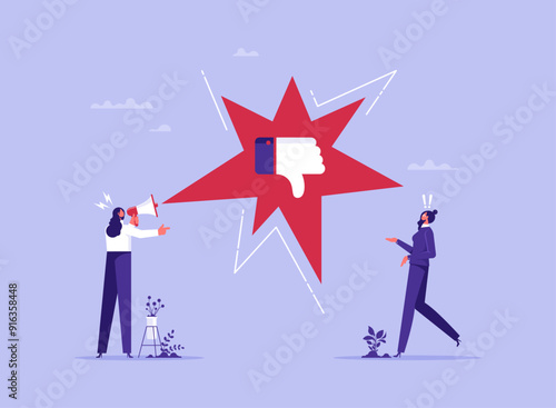Dislike or bad customer review, negative feedback concept, business mistake or problem, businesswoman show dislike gesture giving negative feedback to entrepreneur or company