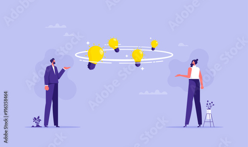 Exchange perspective concept, sharing ideas or knowledge in workplace, transfer experience between colleagues, colleagues having conversation with idea light bulbs spinning between them