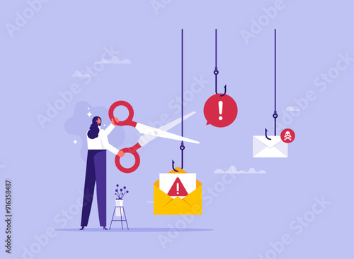 Fight against scam, internet phishing or spam email concept, businesswoman uses scissors cut off various fishing hooks, smart user does not become victim of scammers and thieves, bait, deceit