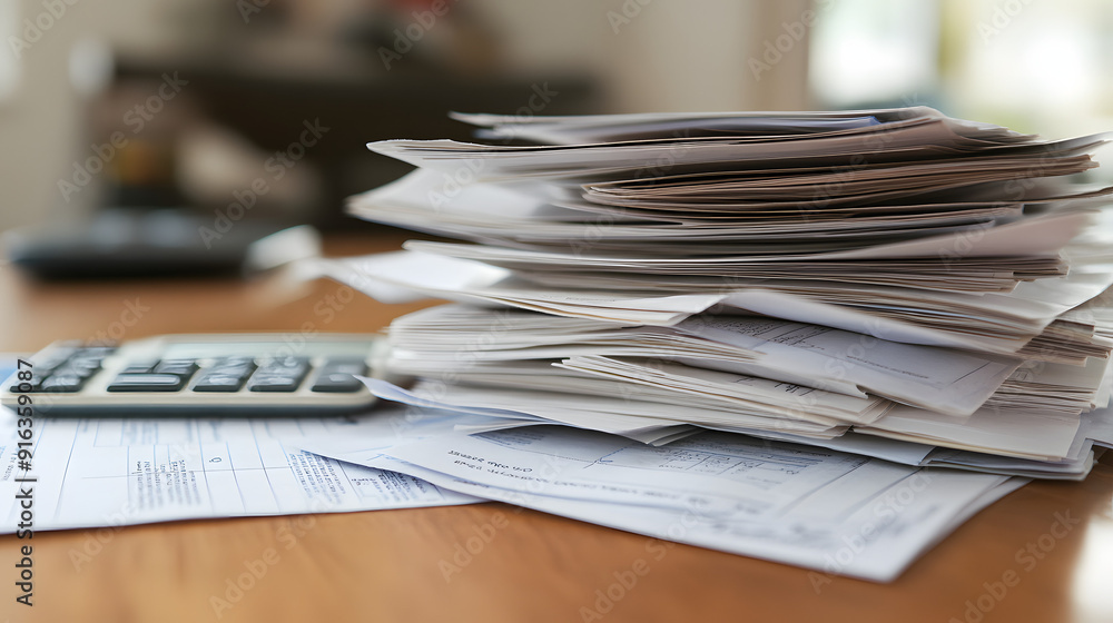 Stack of Co-pay Receipts with Calculator and Insurance Papers on Tidy Desk, Symbolizing Healthcare Financial Management Stack of Co-pay Receipts with Calculator and Insurance Papers on Tidy Desk, Symbolizing Healthcare Financial Management