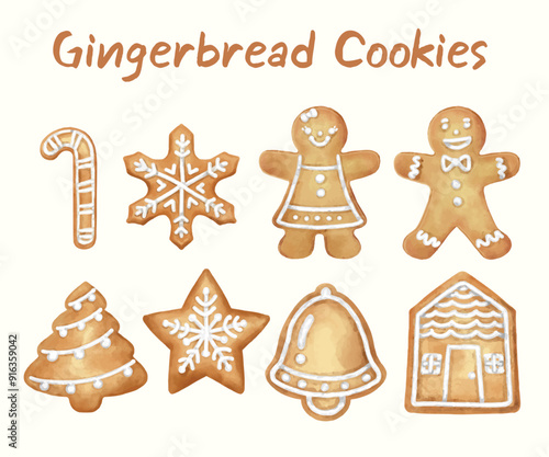 Vector element designer collection chrismas set of isolated gingerbread cookies, mistletoe are hand-painted in watercolor style.