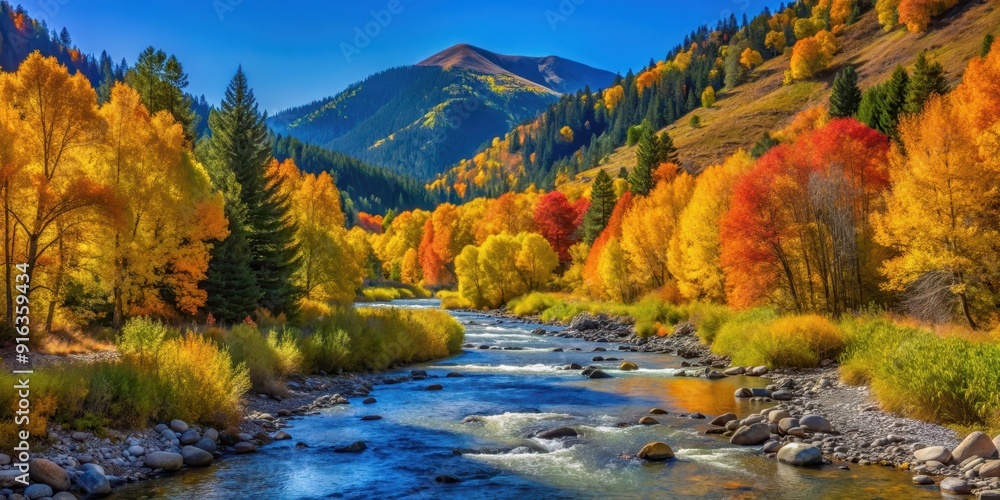 Vibrant fall foliage in the mountains with a clear blue sky and a small creek flowing through the scene, autumn