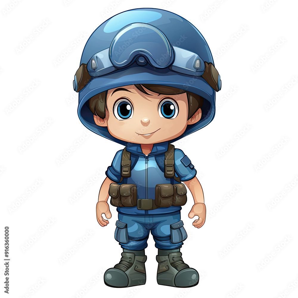 An illustration of a boy soldier in blue, smiling and looking at the camera An illustration of a boy soldier in blue, smiling and looking at the camera