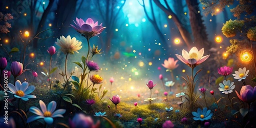 Magical flowers background with blurred, glow, and shiny inspiration in enchanted wood, magic, flowers, background, blurred