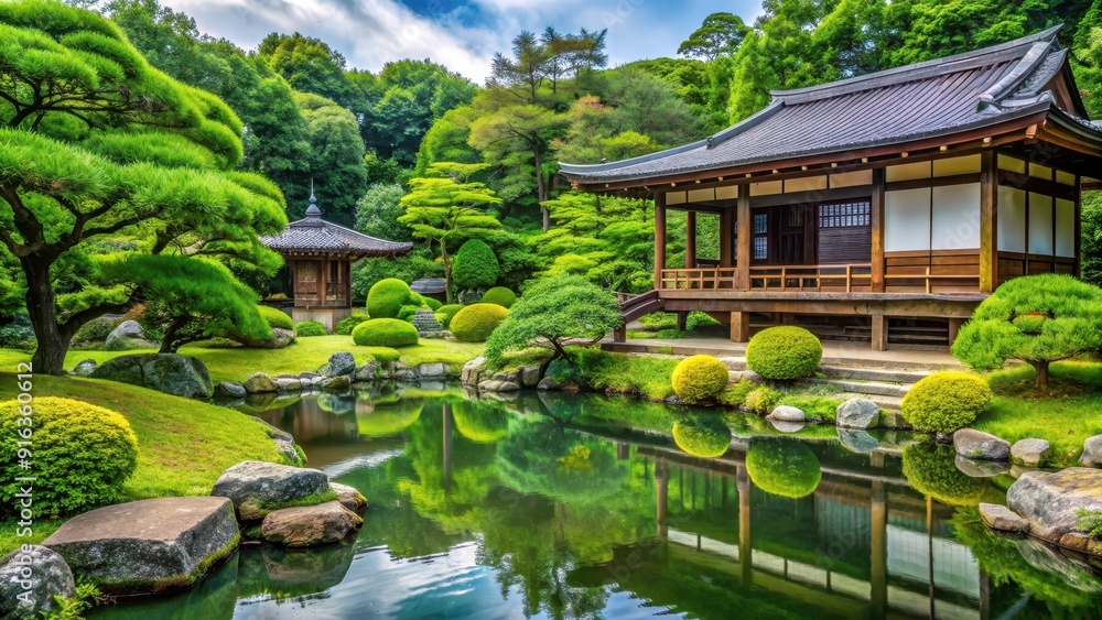Tranquil Japanese garden with lush greenery and traditional architecture, historic, Japan, green space, serene Tranquil Japanese garden with lush greenery and traditional architecture, historic, Japan, green space, serene