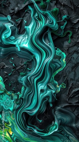  3D abstract design featuring vibrant turquoise and emerald green fluid marbling, swirling and cascading like vivid streams of liquid energy against a dark, textured canvas