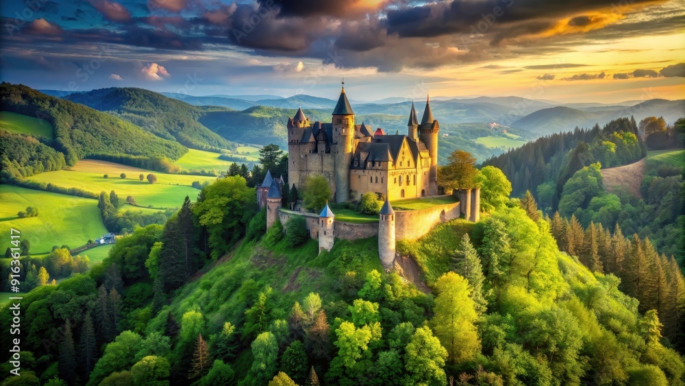Majestic medieval castle surrounded by lush greenery, fortress, palace, kingdom, history, architecture, royalty, moat Majestic medieval castle surrounded by lush greenery, fortress, palace, kingdom, history, architecture, royalty, moat