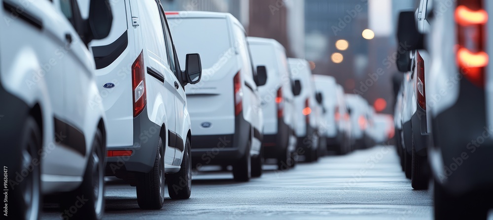 Line of White Vans in the City Line of White Vans in the City