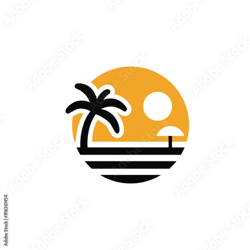 Tropical Beach Sunset Logo - Palm Tree and Ocean Vector
