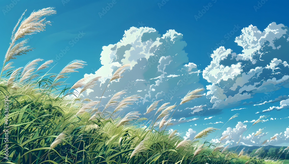 Obraz premium Clear blue sky with white clouds and pampas grass gently swaying in the wind. Wide format image captures the sky behind a green field, creating a serene landscape of anime backgrounds.