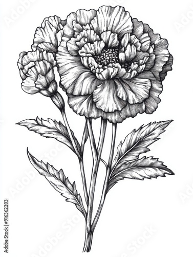 Wallpaper Mural Black and white Vintage engraved art of a marigold bouquet, isolated on white background, ink sketch illustration, simple vector art design, highly detailed line art, high contrasty Torontodigital.ca