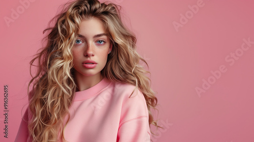 Youthful Fashion Model with Long Wavy Blond Hair Posing in a Pink Sweatshirt Against a Matching Studio Background