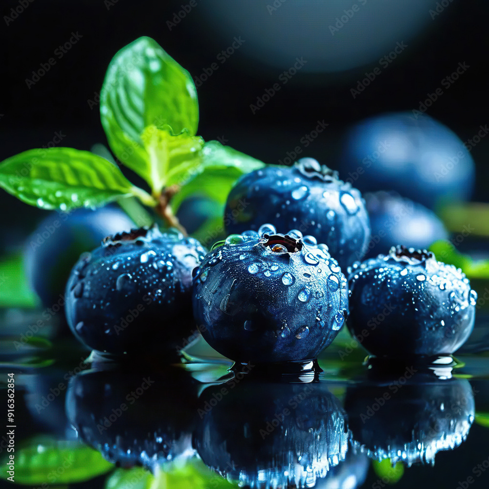 Some blue berries with water droplets, with green leaves on glass, black background Some blue berries with water droplets, with green leaves on glass, black background