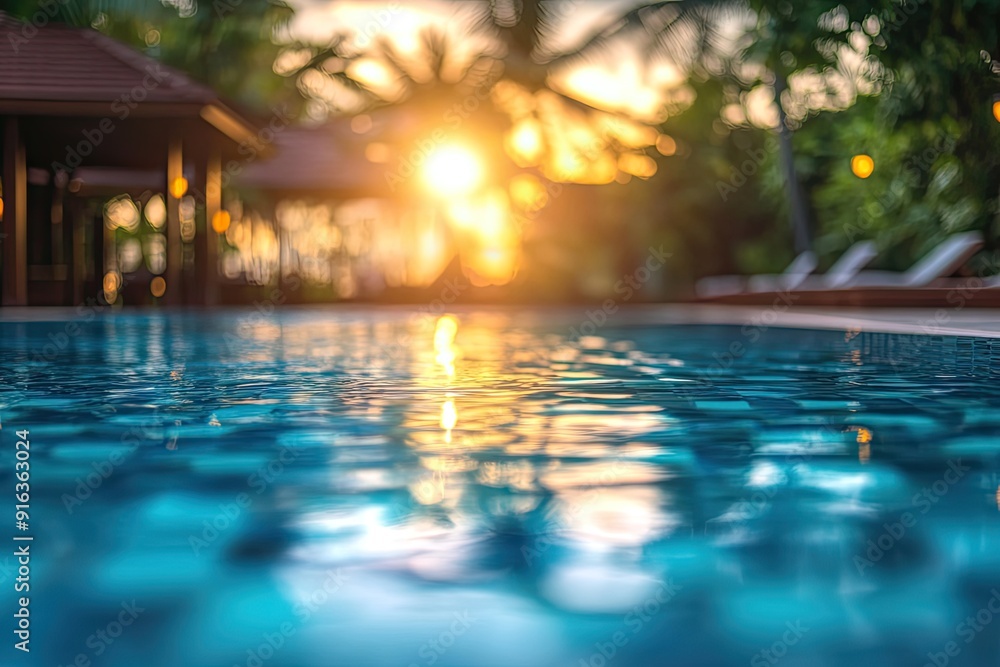 Swimming pool area at a resort blurred panoramic background Swimming pool area at a resort blurred panoramic background