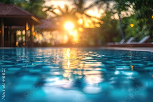 Swimming pool area at a resort blurred panoramic background