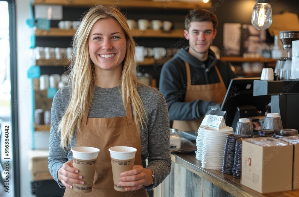 Smiling Barista Serving Coffee at a Coffee Shop Smiling Barista Serving Coffee at a Coffee Shop