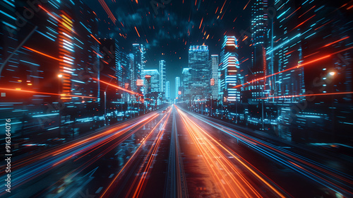 Speed light trails path through smart modern mega city and skyscrapers town with neon futuristic technology background