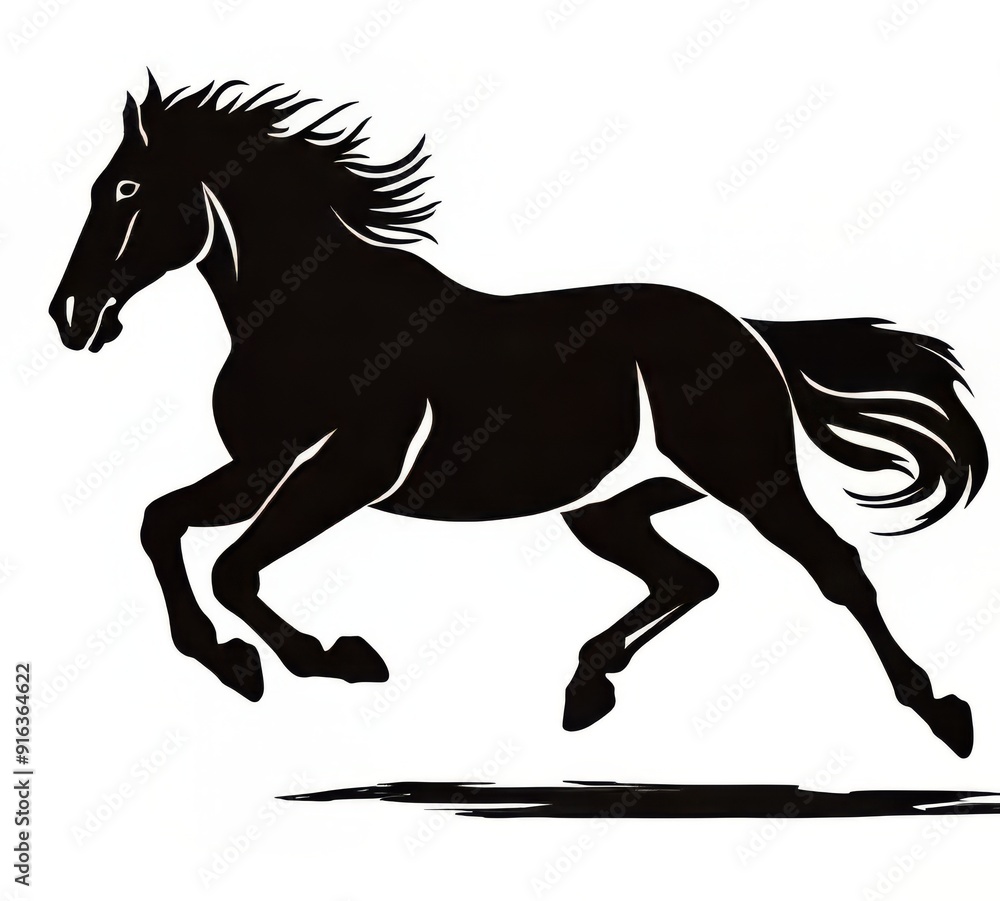 A dynamic silhouette of a galloping horse with flowing mane. A dynamic silhouette of a galloping horse with flowing mane.