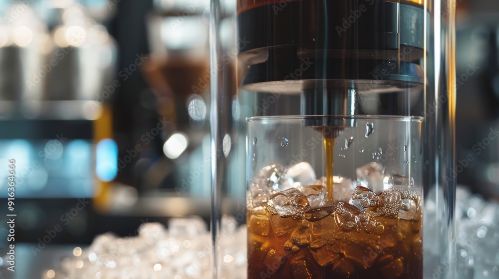 A close-up of a slow drip cold brew tower extracting coffee over ice A close-up of a slow drip cold brew tower extracting coffee over ice