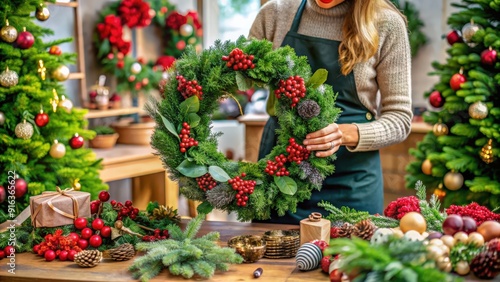 Florist creating a festive Christmas wreath with a variety of colorful blooms and greenery, Christmas, wreath, florist