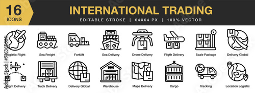 International Trading  icon set. Editable Stroke Icon Collection. Includes logistic, maps delivery, scale delivery, sea delivery, warehouse, and More. Outline icons vector collection.