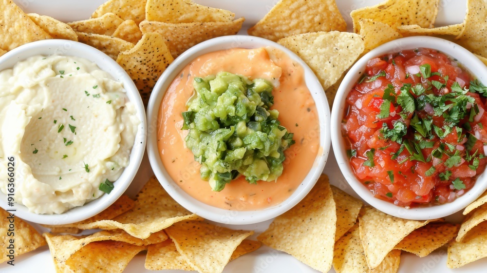A trio of dips including guacamole, salsa, and queso, served with a variety of crispy tortilla chips, creating a festive and inviting appetizer display. A trio of dips including guacamole, salsa, and queso, served with a variety of crispy tortilla chips, creating a festive and inviting appetizer display.