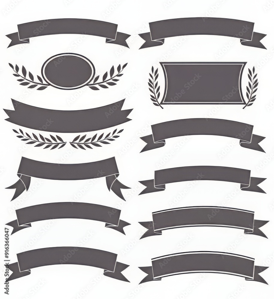 Collection of decorative banners and laurels in various styles and shapes.