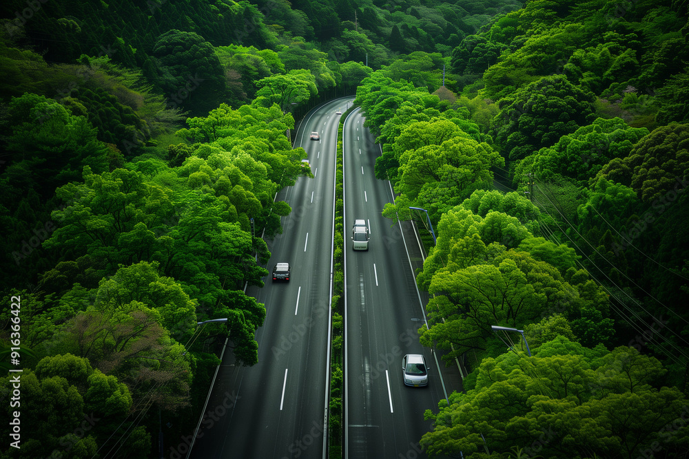 Fototapeta premium Aerial View of a Verdant Highway Surrounded by Lush Green Forests in a Serene Landscape