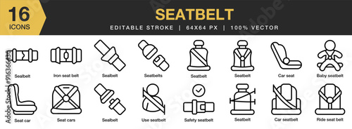 Seatbelt icon set. Editable Stroke Icon Collection. Includes seatbelt, ride seat, safety seatbelt,  and More. Outline icons vector collection.