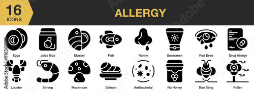 Allergy Glyph icon set. Includes lobster, mushroom, pollen, red eyes, runny, salmon, and More. Solid icons vector collection.