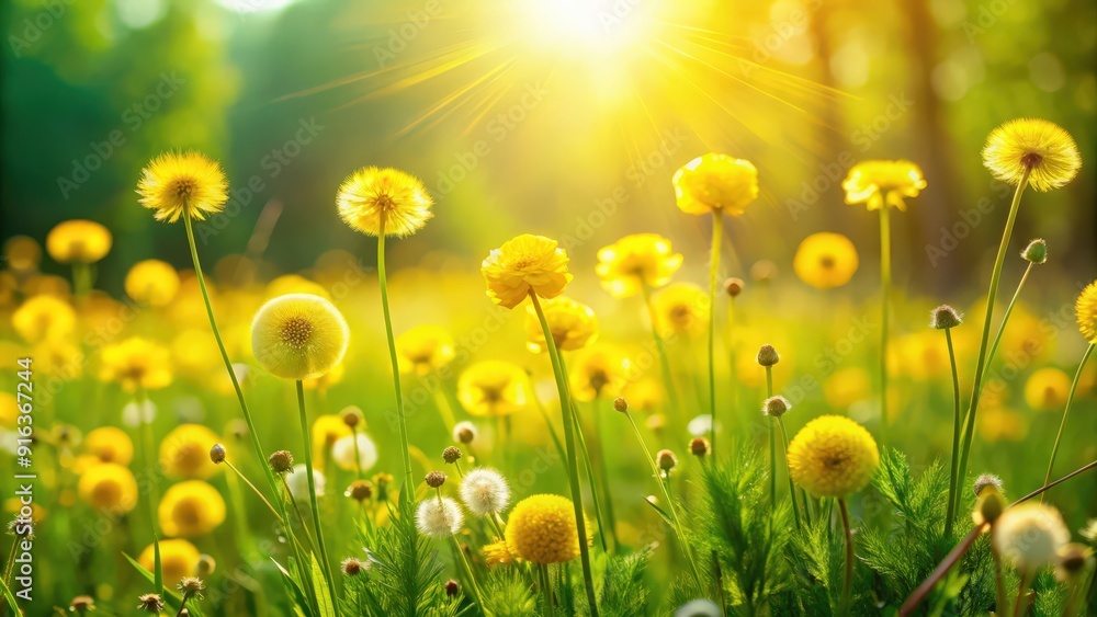 Fototapeta premium Cute fluffy yellow wildflowers in nature on a sunlit meadow , wildflowers, nature, meadow, sunny, spring, summer, yellow, soft