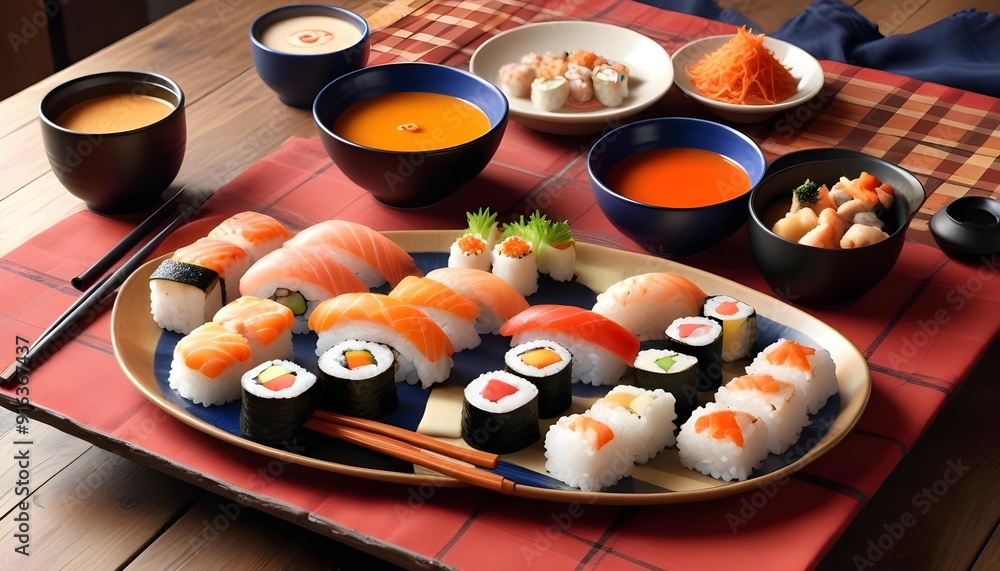 Sushi rolls are on a tray with other sushi Sushi rolls are on a tray with other sushi