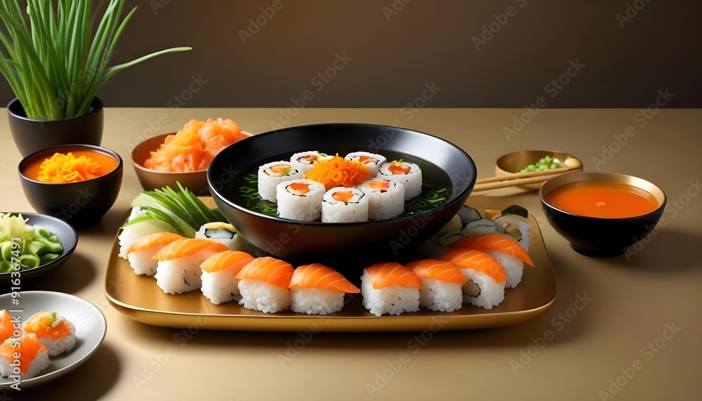 Sushi rolls are on a tray with other sushi Sushi rolls are on a tray with other sushi