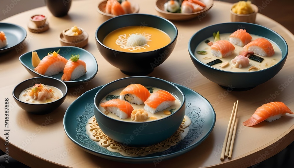 Sushi rolls are on a tray with other sushi Sushi rolls are on a tray with other sushi