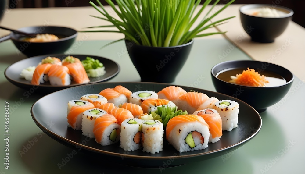 Sushi rolls are on a tray with other sushi Sushi rolls are on a tray with other sushi