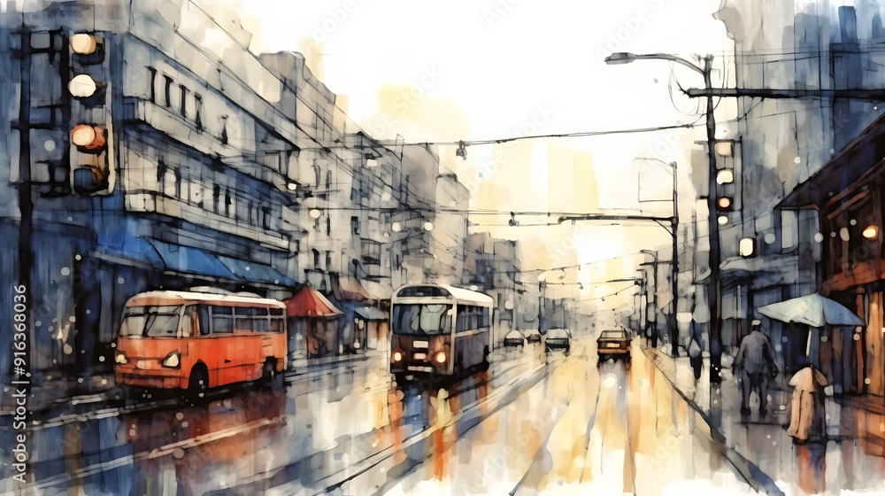 Naklejka premium Rainy Day Streets watercolor style