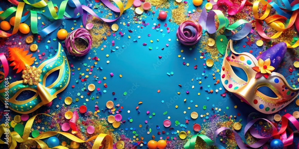 Fototapeta premium Colorful New Year's Eve carnival card with confetti, masks, and streamers, New Year, Silvester, party