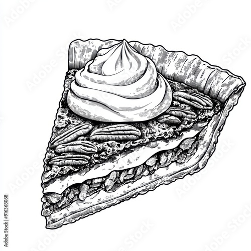 Black and white Vintage engraved art of a slice of pecan pie with a dollop of whipped cream, isolated on white background, ink sketch illustration, simple vector art design, highly detailed line art