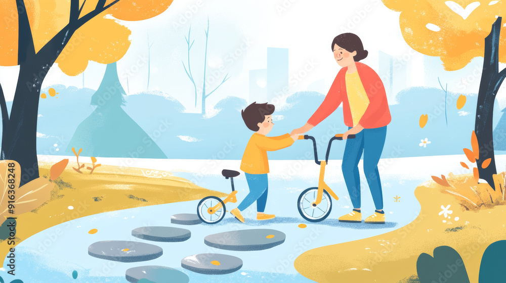 Naklejka premium Illustrate a parent helping their child, such as teaching them to ride a bike, guiding them across a stepping-stone path, or reading them a bedtime story, emphasizing the trust inherent 